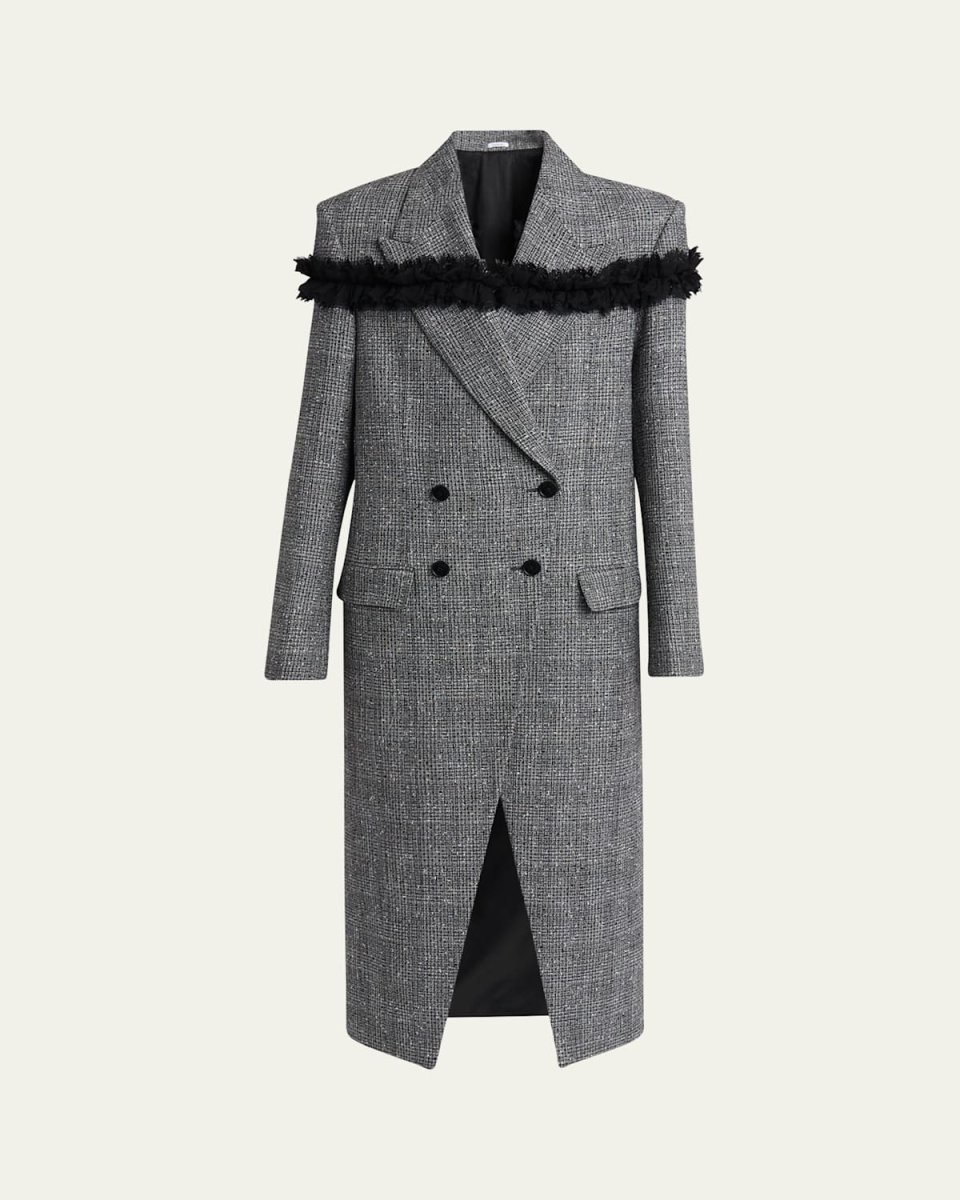 Ruffle Paillette Check Tweed Double-Breasted Long Coat